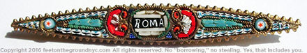 Glass mosaic pin, brass or cheap metal base, "Grand Tour" tourist souvenir circa 1900–1920, says "Roma," probably actually made in Italy.