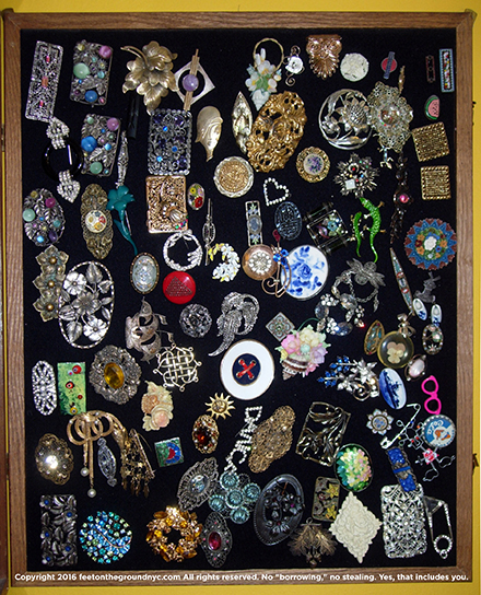 Author's collection of costume jewelry pins, circa 1900–1950, most purchased for less than $10.