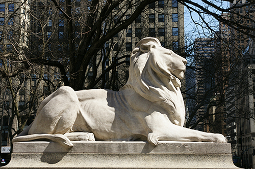 Fortitude, 1911, Edward Clark Potter, sculptor, Piccirilli Brothers, stone carvers who executed design from Potter's model, New York Public Library, 476 Fifth Avenue, New York, New York. Photograph ©2015 John A. Troisi. Used with permission. All rights reserved.